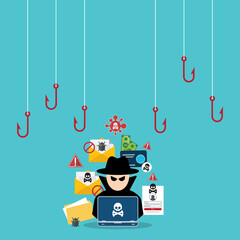 Hacker in front of his computer committing digital cybercrime	
