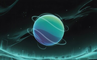 Luminous teal-cerulean digital orb floats in deep space, pulsing with glowing networks, surrounded by futuristic cityscape, nebulae, constellations.