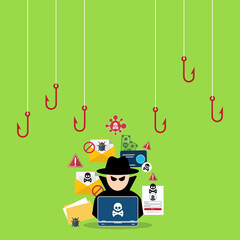 Hacker in front of his computer committing digital cybercrime	
