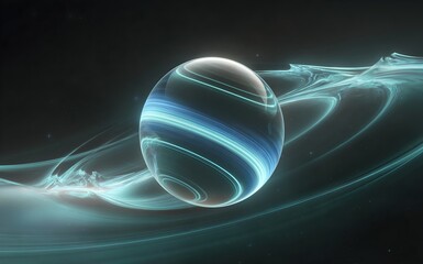 Luminous teal-cerulean digital orb floats in deep space, pulsing with glowing networks, surrounded by futuristic cityscape, nebulae, constellations.