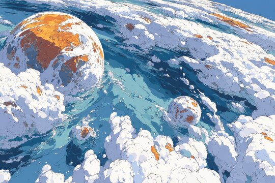 Abstract blue foam clouds with orange planets floating in a surreal ocean of light - Powered by Adobe