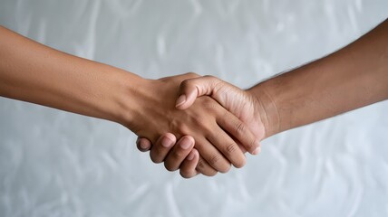 A close up of two hands clasped together in a handshake against a textured white background image view