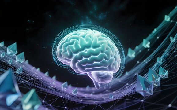 A glowing AI brain floats in a dark void, surrounded by circuit patterns, interconnected nodes, crystalline shapes, and ethereal lights. - Powered by Adobe