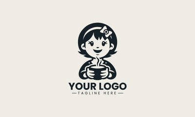 Cheerful black vector logo illustration of a happy cartoon girl holding a steaming cup of coffee creating a friendly cafe symbol