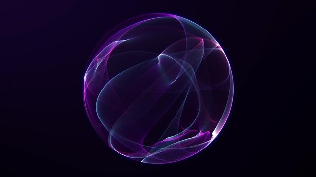 A glowing digital abstract sphere with soft violet and pink fluid curves floating in dark space. Elegant translucent light streaks form smooth and dynamic energy shape. Futuristic and modern style.