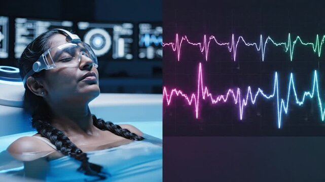 Futuristic Neuroscience Experiment Monitoring Brain Activity in a Flotation Tank.