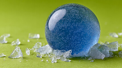 Blue glass sphere with ice shards on green background, abstract art.