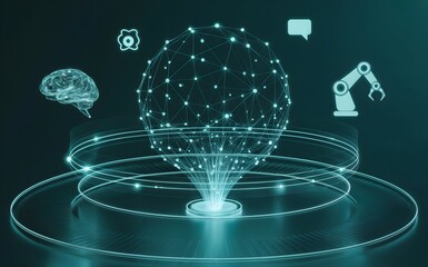 Digital illustration of luminous AI automation network, glowing nodes and pathways, robotic arm, neural icons, speech bubbles, futuristic teal ambient glow.