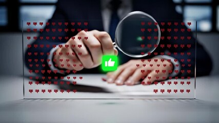 Man using magnifying glass to find positive feedback through dislike icons. Customer review analysis and social media evaluation concept. - Powered by Adobe