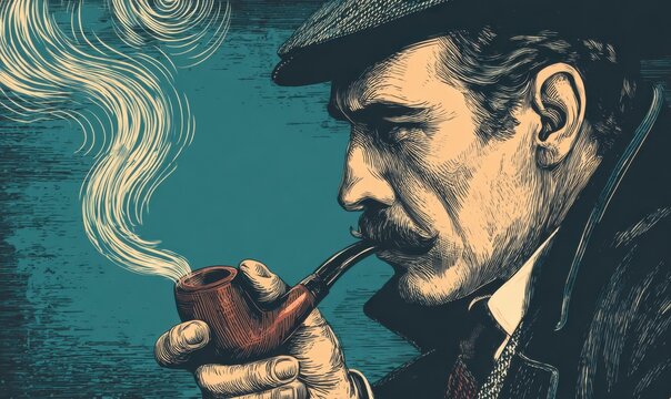 Vintage Detective Smoking Pipe Portrait Illustration Artwork.