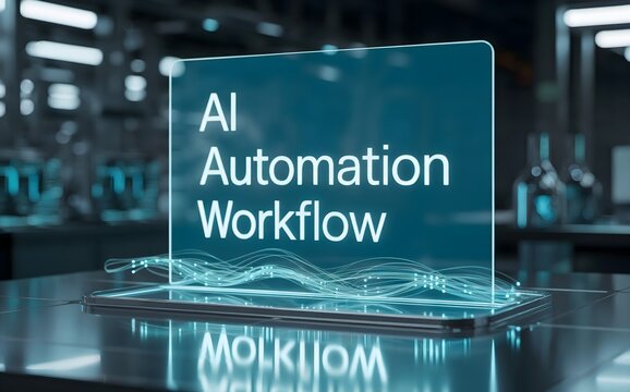 Sleek futuristic holographic interface glows cyan, displaying “AI Automation Workflow” above polished chrome table, with pulsing data nodes and ambient lighting.