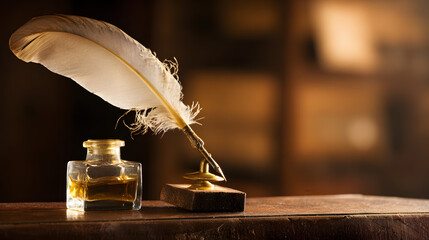 inkwell. A vintage desk featuring a feather quill and inkwell, illuminated by warm side lighting. real-estate listings.