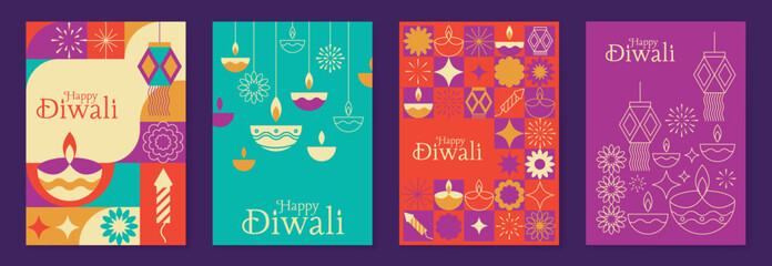 Fototapeta premium Happy Diwali light festival poster vector set. Diwali festival wallpaper design with colorful lantern, floating lights, firework. Culture Illustration design for celebration, greeting, card, ads.