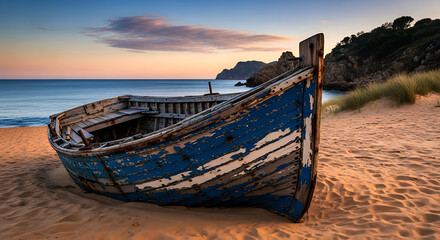 Weathered blue and white wooden boat resting on sandy beach at sunset ocean