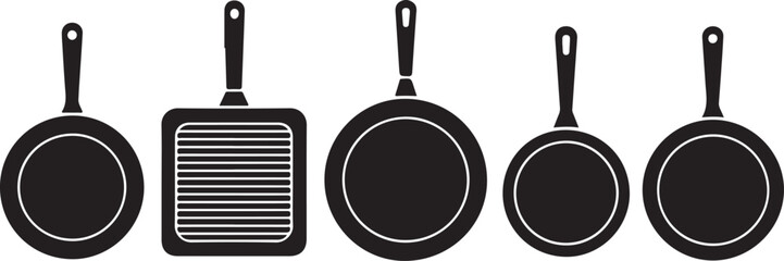 Collection of Black Frying Pans and Grill Pan Isolated on White Background for Kitchenware and Cooking Concepts