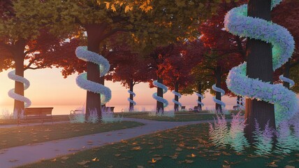 Serene park scene with trees adorned in a metaverse layer and digital enhancements