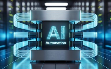 Sleek futuristic server rack glows blue, fiber optics pulse, holographic “AI Automation” display, high-tech data center, advanced workflow visualization, computer security concept