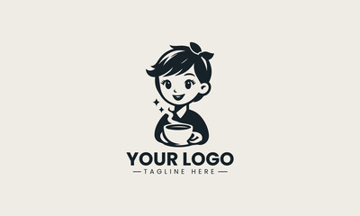 Cheerful black vector logo illustration of a happy cartoon girl holding a steaming cup of coffee creating a friendly cafe symbol