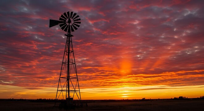 Windmill Silhouette Against a Fiery Sunset Sky in a Rural Landscape.