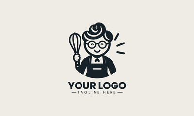 Warm and friendly grandma character holding bread and rolling pin vector bakery logo illustration design 