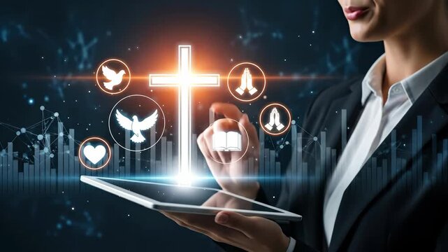 Woman interacting with digital cross and religious icons using a tablet, spiritual communication concept footage