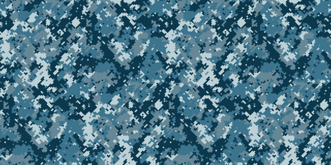 Seamless digital camouflage pattern in cool blue tones.  Ideal for backgrounds, textiles, or militarythemed designs.  The abstract texture offers a sense of mystery and concealment.