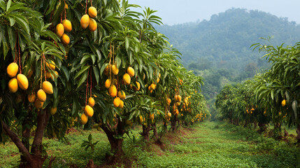 Lush mango orchard with rows of trees heavy with ripe, golden fruit, set against a backdrop of verdant hills on a beautiful day.