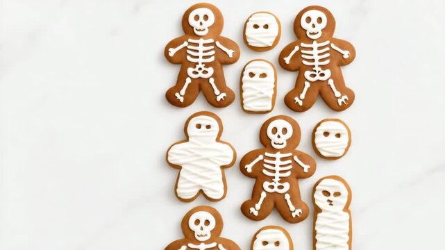 top view of halloween skeleton and mummy cookies with white icing on marble background and copy space, camera slowly moves away
