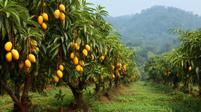 Lush mango orchard with rows of trees heavy with ripe, golden fruit, set against a backdrop of verdant hills on a beautiful day. - Powered by Adobe