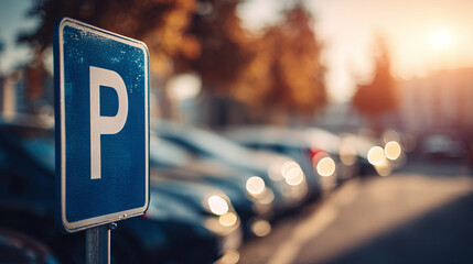 Blue and White Parking Sign in a Crowded City Parking Lot at Sunset, Indicating Available Parking for Drivers and City Visitors.