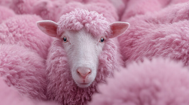 A close-up reveals a sheep with pink wool, nestled among others. Its face is white, with curious eyes peering out from the pastel sea.