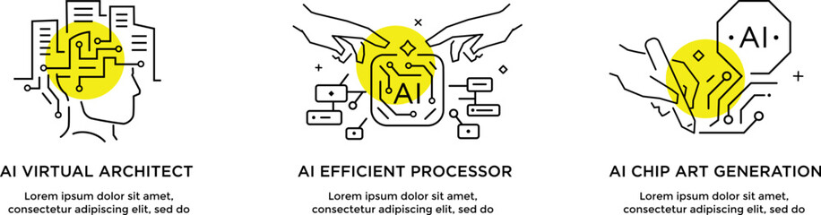 Set of illustrations concept with businessmen. technology, partnership, artificial intelligence business robot, cybes. linear illustration Icons infographics. Landing page site print poster. Line