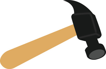 Illustration of a hammer with a black head and a light brown wooden handle.