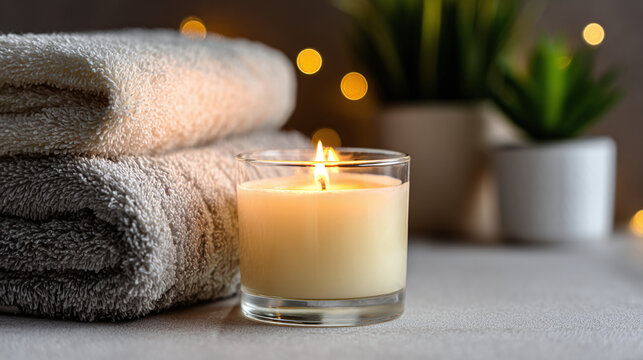 Experience serenity with soft towels, a glowing candle, and verdant succulents?a perfect moment of calm for your senses to relish.