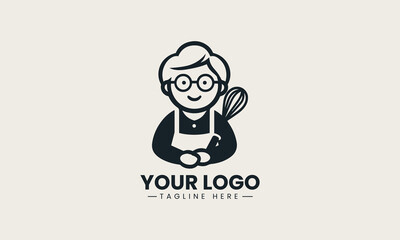 Warm and friendly grandma character holding bread and rolling pin vector bakery logo illustration design 