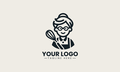 Warm and friendly grandma character holding bread and rolling pin vector bakery logo illustration design 