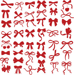 Elegant bow ribbon silhouette vector set in red color. Perfect for birthday, Christmas, fashion design, packaging, gift wrap, decoration, sticker, wedding card. Cute bow ribbon seamless pattern print.
