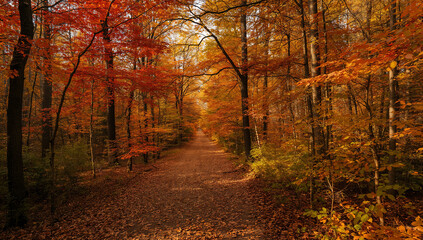 Obraz premium Autumn forest path surrounded by vibrant fall foliage and trees