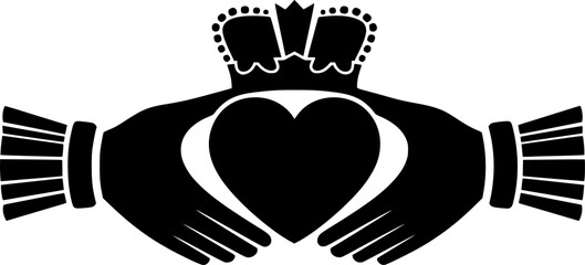 Claddagh silhouette. This image features the Irish Claddagh symbol, a heart held by two hands topped with a crown, symbolizing love, loyalty, and friendship. Vector clipart illustration design
