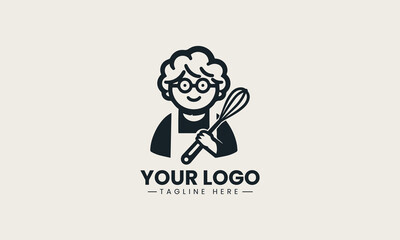 Warm and friendly grandma character holding bread and rolling pin vector bakery logo illustration design 