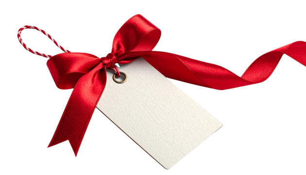 Present gift tag with red ribbon and bow, ready for christmas or holiday celebration isolated on solid white background Png form