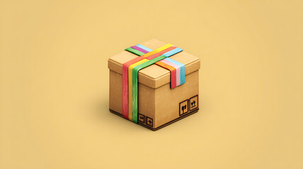 Obraz premium Wrapped Cardboard Box with Colorful Ribbon: A Cheerful Delivery Concept