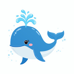 Adorable smiling blue whale spouting a fountain of water. A cheerful marine animal character illustration for children's design