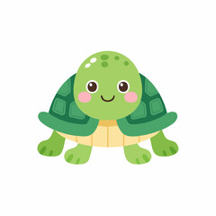 Fototapeta premium Charming little green turtle with a friendly smile. A cute cartoon reptile mascot for children's designs, isolated vector graphic