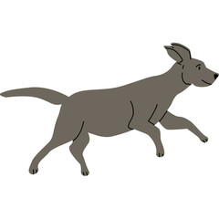 A simple cartoon illustration of a gray dog running with its mouth open and ears perked up on a white background
