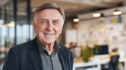 Fototapeta premium A mature man with kind eyes, smiling warmly. He's dressed in a modern blazer, the image evokes professionalism and approachable demeanor.