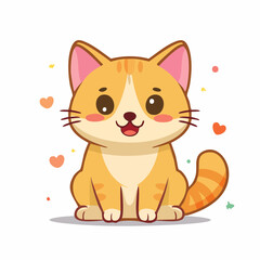 Obraz premium Adorable ginger cartoon cat character sitting happily, surrounded by love hearts. A charming and cute kawaii kitty illustration