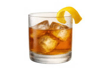 Old fashioned cocktail with ice and lemon peel, classic whiskey drink on transparent background