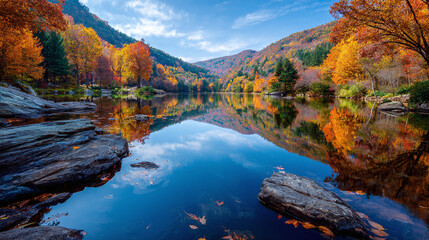 Fototapeta premium A reflective lake mirrors vibrant fall foliage, creating a serene and colorful landscape, with rock formations in the foreground enhancing its beauty.