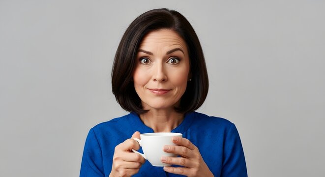 Smiling woman holding coffee cup against gray background